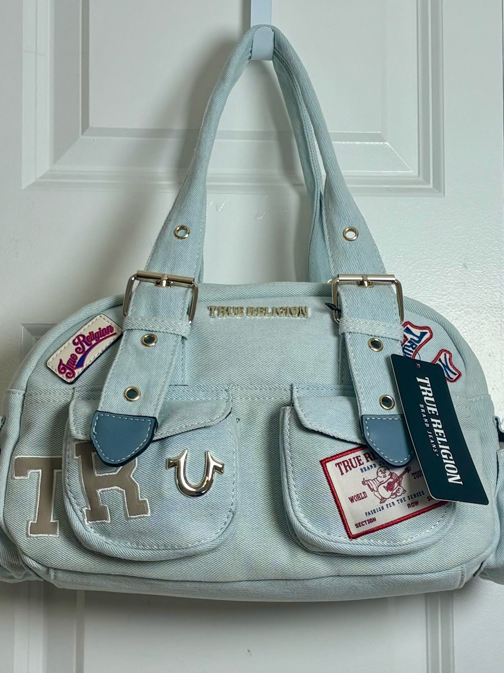True Religion Light Blue Wash Patchwork Embroidered Satchel Handbag